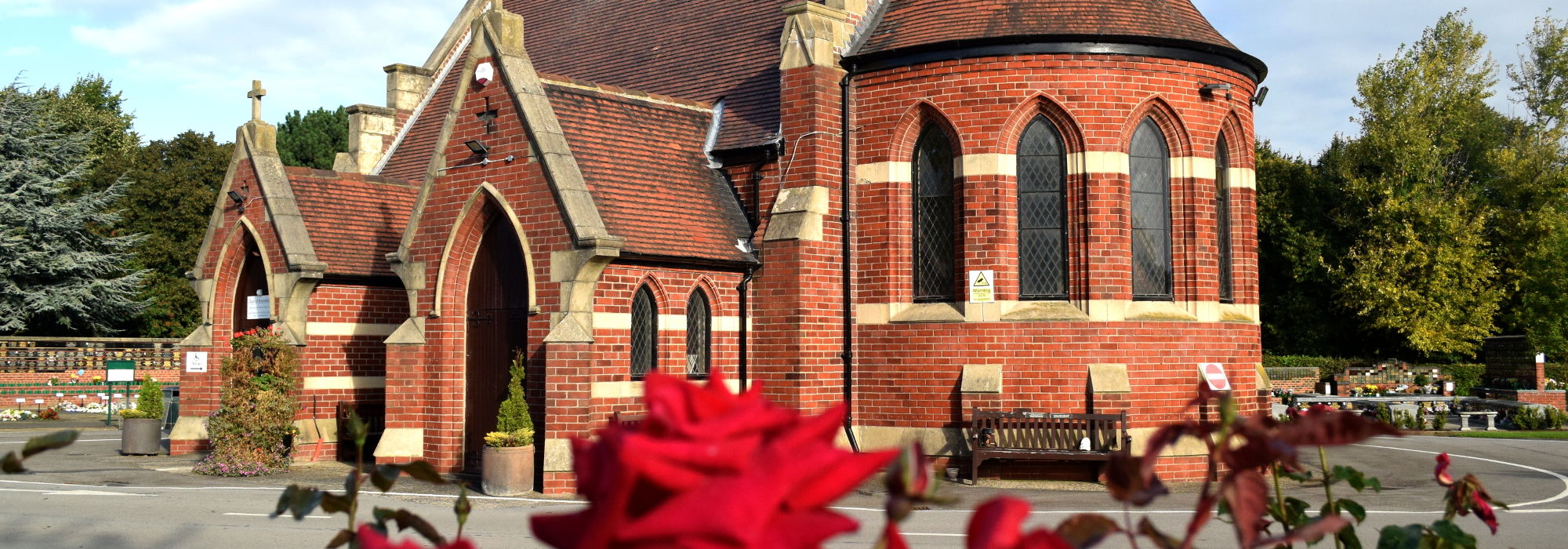 The Chapel of Remembrance with roses in the foreground