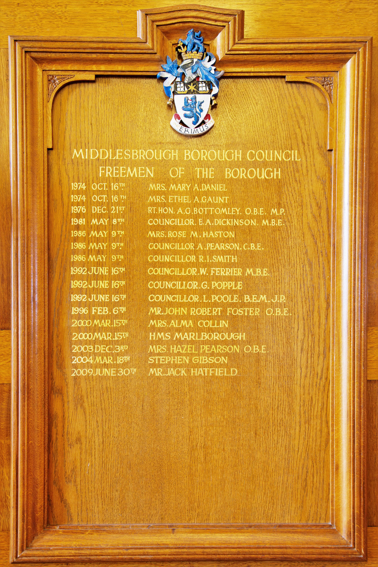 Plaque listing the names of people awarded Freeman of the Borough by Middlesbrough Council