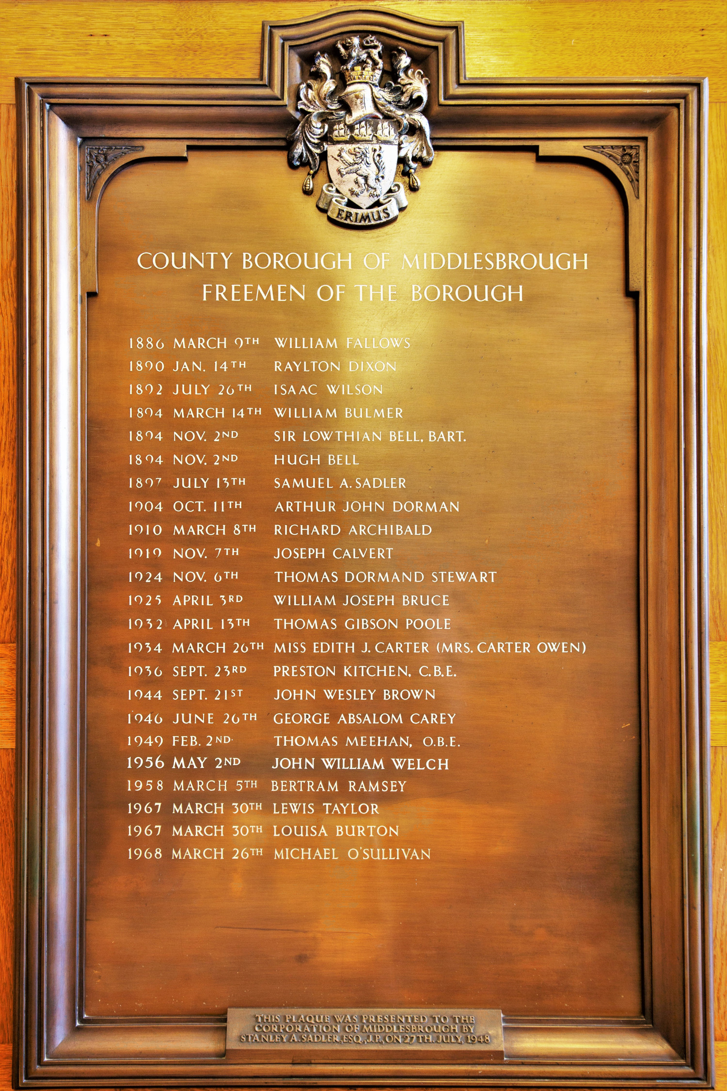 Plaque listing the names of people awarded Freeman of the Borough by the County Borough of Middlesbrough